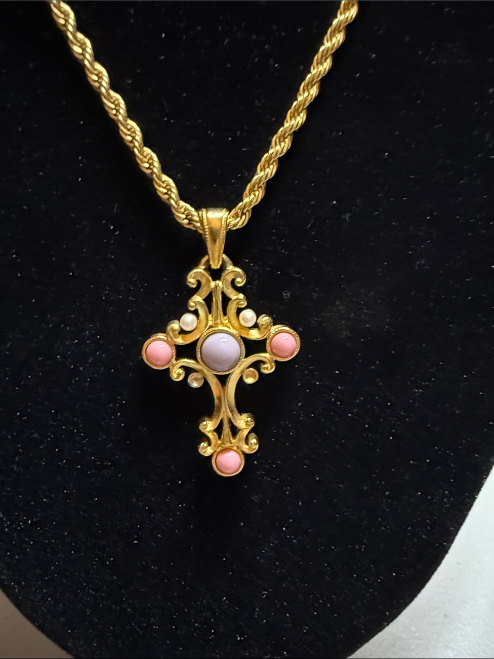 Elegant Goldtone Cross Pendant Necklace with Pink and Lavender Cabochons